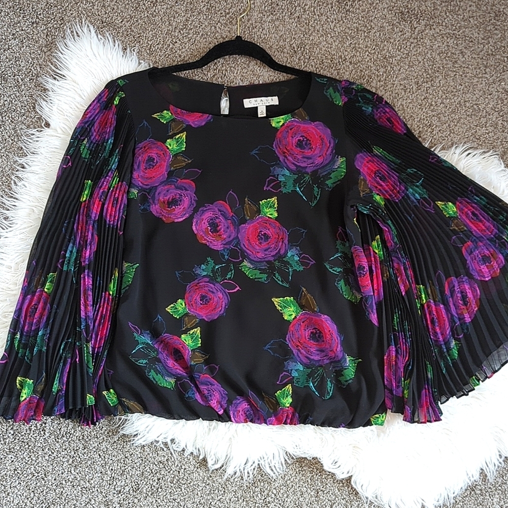 CHAUS Black Floral Print Pleated Sleeve Blouse Women's Size S